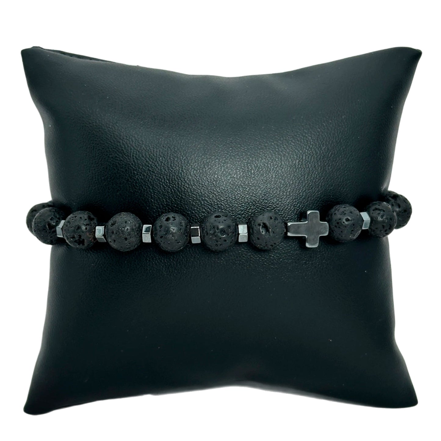 Pulsera elástico - Piedra volcánica y Hematita (PCAB-013)